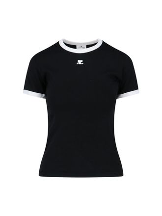 Courr&egrave;ges Logo T-Shirt, Black Cotton, Crew Neck, Short Sleeves