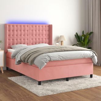 vidaXL Vidaxl - Cama Box Spring Colch&oacute;n Y Led Terciopelo Rosa 140x190 Cm