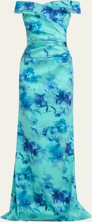 Teri Jon Off-Shoulder Floral Gazar Column Gown
