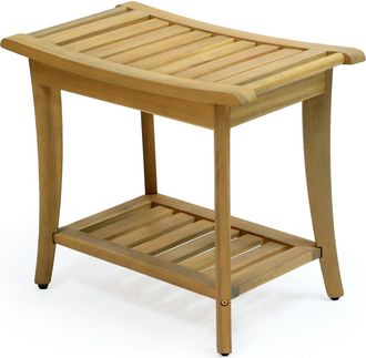 Jonathan Y Designs Tucker 22.1 Traditional Classic Slatted Solid Acacia Wood Indoor/Outdoor Shower Bench with Shelf and Handle in Light Teak at Nordstrom