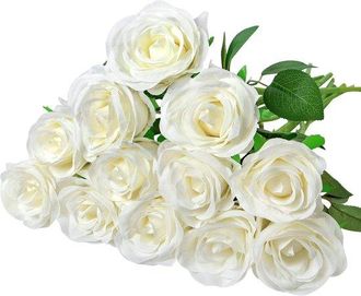 OEM 12 Rosas Artificiales Blancas, Ideales Para Jardines, Bodas Y Uso En Interiores Y Exteriores