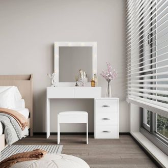 Home Source Industries 5 Drawer Dressing Table Vanity Makeup Desk Lighting Mirror & Stool in White