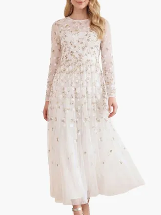 Needle & Thread Trailing Roses Long Sleeve Maxi Gown in Swan White/white at Nordstrom, Size 18