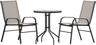 Flash Furniture 3 Piece Set - 23.75 Tempered Glass Patio Table, 2 Brown Stack Chairs