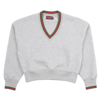 Gucci Hoodies & sweatvesten, Dames, Grijs, S, Katoen, Web-streep V-hals Sweatshirt