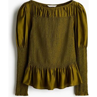 H&M Smocked Viscose-blend Blouse in Dark Khaki Green at Nordstrom, Size Xx-Large