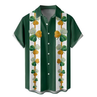 Generic St Patricks Day Hawaiian Shirts for Men Green Clover Shamrock Printed Button Down Shirts Short Sleeve Smart Casual Floral Linen Shirt Green Funny Iris