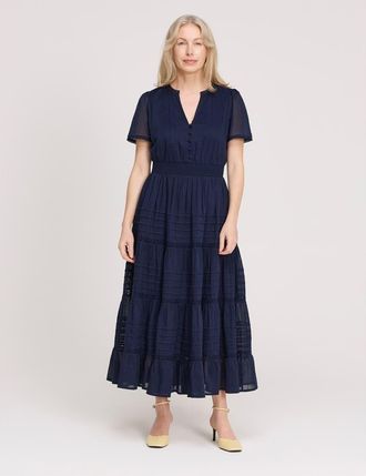 Finery Juniper Short Sleeve Cotton Midi Dress in Navy at Nordstrom, Size 12