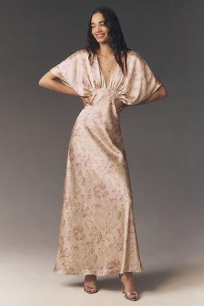 BHLDN Amelia Deep-V Flutter-Sleeve Satin A-Line Gown