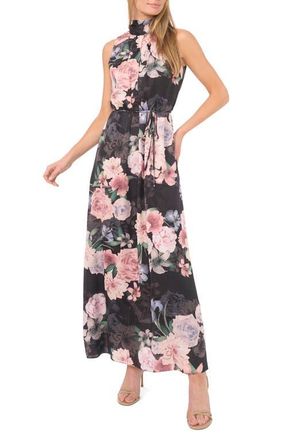 Ted Baker Floral Tie Neck Maxi Dress in Black/Coral Pink at Nordstrom, Size 10