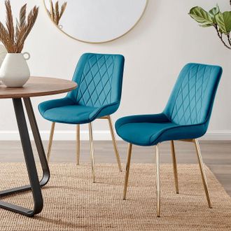 Furniturebox Set of 2 Pesaro Luxury Soft Touch Diamond Pattern Velvet Dining Chairs With Gold Chrome Metal Legs in Blue