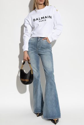 Balmain Cropped Sweatshirt With Printed Logo, Womens, White