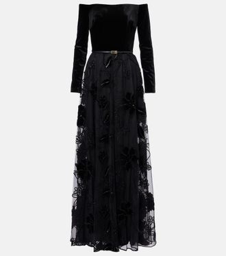Elie Saab Embroidered tulle and velvet gown