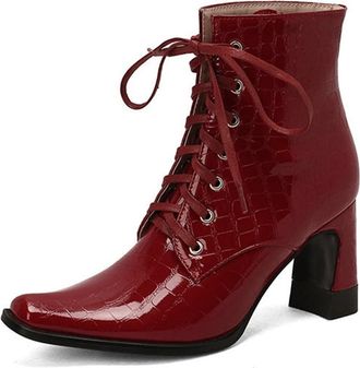 Generic Womens Fashion Square Toe Lace Up Ankle Boots Block Heel Faux Fur Lined Comfort Casual Winter Shoes (5.5,Red)