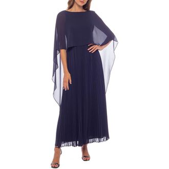 OLEG CASSINI Capelet Overlay Pleated Chiffon Dress in Navy at Nordstrom Rack, Size X-Large