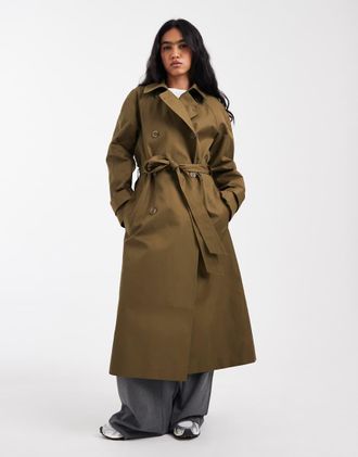 Asos Trench taglio lungo kaki in cotone con finitura idrorepellente-Verde