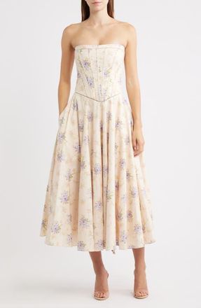 House of CB Gina Floral Corset Stretch Cotton Dress in Ivory Sweet Peony at Nordstrom, Size X-Small
