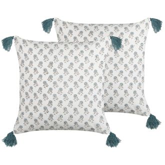 Beliani Conjunto De 2 Cojines De Algod&oacute;n Blanco Azul Gris 45 X 45 Cm A Mano Borlas Cornus