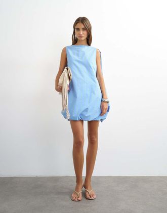 Topshop Vestito corto a mantella in cotone blu e verde menta a righe