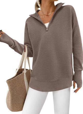PrettyGarden Womens Long Sleeve Quarter Zip Pullover Sweater Casual Loose V Neck Collared Ribbed Knit Jumper Tops Thumb Hole, Light Brown, Medium