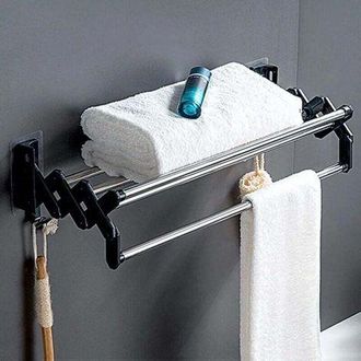 OEM Toallero De Pared Para Ba&ntilde;o Sin Necesidad De Taladrar, Soporte Plegable Adhesivo Para Toallas, Con 2 Ganchos, Toallero Extensible De 40 Cm, Para Ba&ntilde;o 