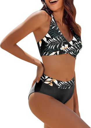 Generic Womens Twist Front High Waisted Bikini Set Halter Neck Removable Padded Swimming Costume Tummy Control Swimwear Push Up Swimming Costume Flattering Ba