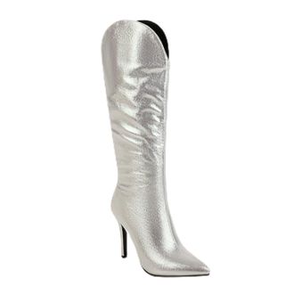 Generic Silver,5.5 UK,Womens Pull on Knee high Boots Leather PU Long Boot Pointed Toe Comfy Stiletto High Heels Fall Winter Dress Shoes