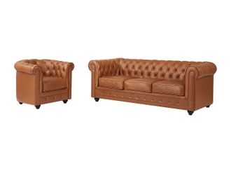 Vente-Unique Sof&aacute; de 3 plazas y sill&oacute;n de piel de vaca color camel CHESTERFIELD