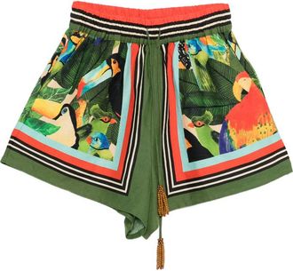 Farm Rio Bird-print Beaded-detail Shorts