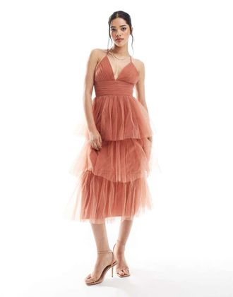 Lace & Beads Odette - Vestito da damigella color terracotta con gonna al polpaccio-Marrone