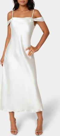 Bebe Drape Shoulder Satin Midi Dress in Ivory at Nordstrom Rack, Size X-Small
