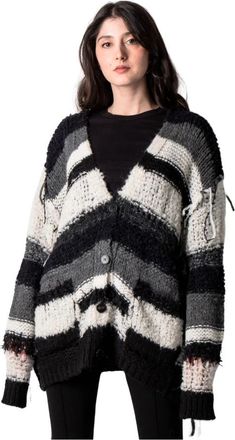 Roberto Collina Cardigan Mix Filati Zwart en Ecru - Dames - Vesten - Zwart - XS - Truien & Vesten