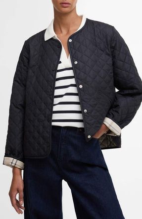 Barbour Cashel Collarless Quilted Jacket in Dark Navy/Dress Navy Tartan at Nordstrom, Size 16 Us