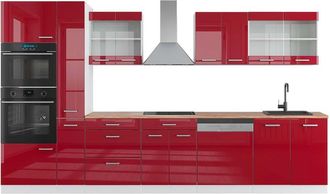 Vicco Mueble De Cocina R-line, Burdeos Brillo Intenso/blanco, 350 Cm Con Armario Alto, Et Roble