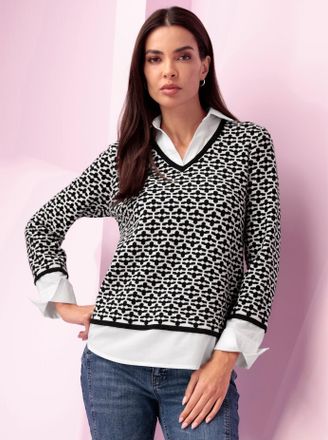 Heine 2-in-1-Pullover HEINE 2-in-1-Pullover, Damen, Gr. 44, beige (schwarz, ecru, gemustert), 50% Viskose, 28% Polyester, 22% Polyamid, Webware:80% Baumwoll