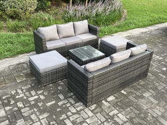 Fimous 8 Seater Rattan Garden Furniture Set Patio Outdoor Lounge Sofa Set with Square Coffee Table 2 Big Footstool Dark Grey Mixed