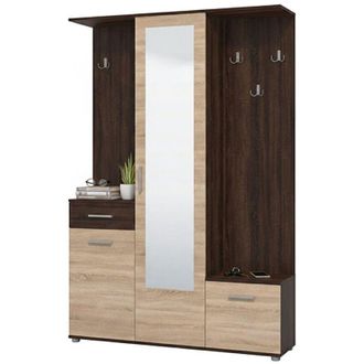 Dmora Mobile da Ingresso Volpara, Specchio Incluso, un Cassetto, 9 Ripiani, 133.5x33x197.5h cm Marrone Rovere