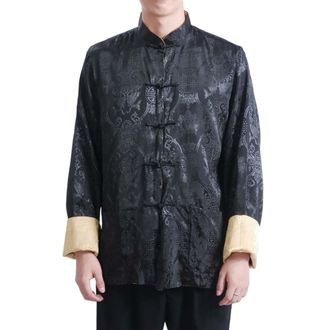 Generic Mens Tang Suit Jacket Dragon Chinese Traditional Frog Button Long Sleeve Stand Collar Coat Kung Fu Wing Chun Uniform (Black/Gold, L)