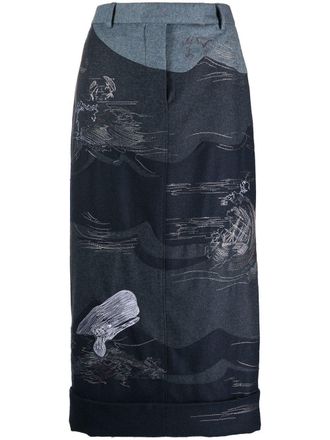 Thom Browne contrasting-stitch detail midi skirt - women - Virgin Wool/Cupro - 36 - Blue