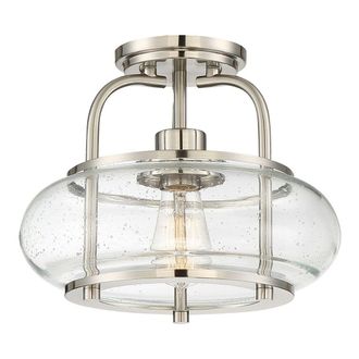 Loops Semi Flush 1 Light Clear Seeded Glass Shade Brushed Nickel LED E27 60W in Metallics