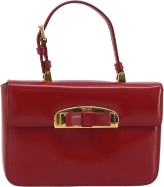 Prada Bow Top Handle Leather Red Leather Handbag (Pre-Owned)