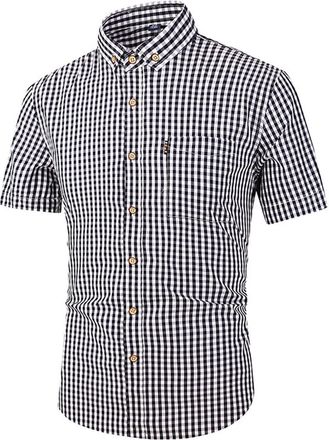 Generic German Oktoberfest Traditional Checkered Button-Down Shirt - Short Sleeve Casual Bavarian Plaid Blouse for Beer Festival,Halloween,Carnival Outfit Bla