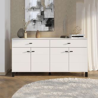Dmora Aparador Barich, Mueble 3 Estantes, 2 Cajones, 4 Puertas, 154x35x78h Cm Blanco
