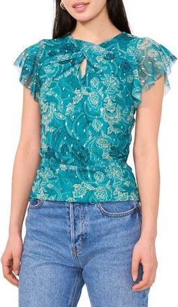 Vince Camuto Flutter Sleeve Clip Dot Mesh Top in Cool Lapis at Nordstrom, Size X-Small
