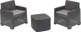 Dmora Conjunto de salón de exterior Laigueglia, Conjunto de jardín con 2 sillones y 1 mesa contenedor, Efecto ratán con cojines, 100% Made in Italy