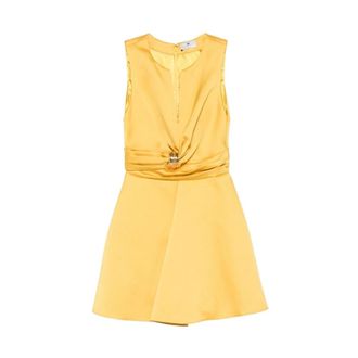 Elisabetta Franchi Party Dresses, female, Yellow, Size: 2XS Duchess Satin Dress with Jewel Detail