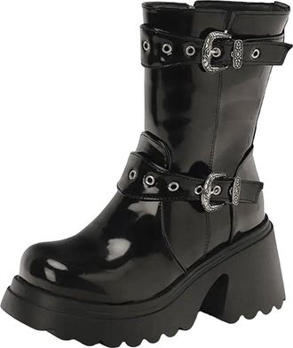 Generic Womens Mid Calf Boots Round Toe Super High Stout Heel Platform With Functional Side Zipper And Belt Clip Details