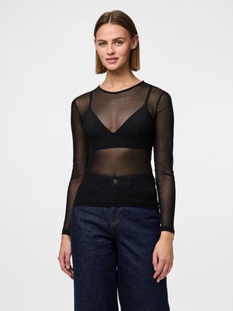 Pieces Langarmshirt PIECES PCNINNI LS MESH TOP NOOS BC, Damen, Gr. XL, schwarz, Web, Obermaterial: 95% Polyester, 5% Elasthan, durchscheinend, leicht gl&auml;nzen