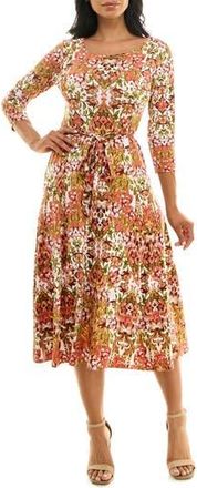 Nina Leonard Crewneck Three-Quarter Sleeve Midi Dress in Sunset Multi at Nordstrom Rack, Size X-Large