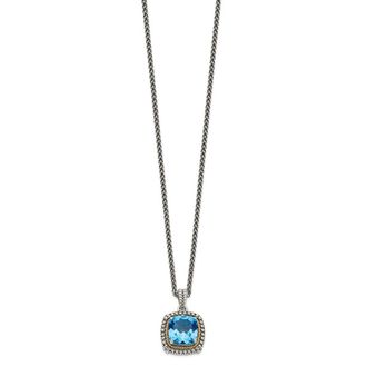 Diamond2Deal Sterling Silver with 14K Accent Cushion Light Swiss Blue Topaz Pendant Necklace